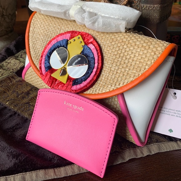 RARE🔥Authentic Kate Spade Straw/Leather Clutch/Crossbody with card case set - Picture 1 of 8